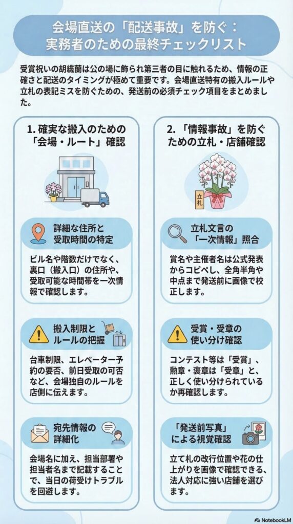 受賞祝いの胡蝶蘭を会場へ直送する際の配送事故防止チェックリスト(搬入ルート確認、立札の一次情報照合、受賞と受章の使い分け、宛先詳細化、発送前写真確認など)を解説したビジネス贈答インフォグラフィック