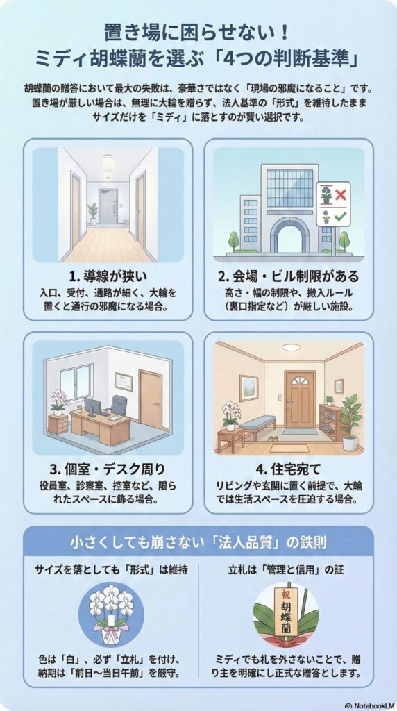 置き場に困らせないミディ胡蝶蘭の選び方ガイド(導線が狭い・会場制限・個室やデスク周り・住宅など4つの判断基準と、サイズを落としても白・立札・前日〜当日午前着の法人形式を守るポイント)を解説したビジネス贈答インフォグラフィック