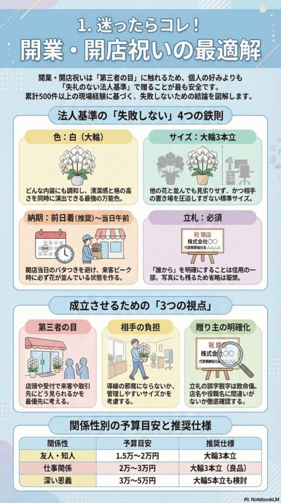 開業・開店祝いで失敗しない胡蝶蘭の選び方（白の大輪・3本立ち・前日着・立札必須など法人基準の4つの鉄則と予算目安）を解説したインフォグラフィック