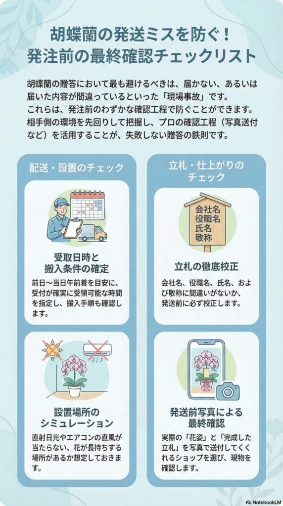 胡蝶蘭の配送ミスを防ぐ発注前チェックリスト（受取日時と搬入条件の確認、設置場所のシミュレーション、立札の徹底校正、発送前写真による最終確認）を解説したビジネス贈答インフォグラフィック