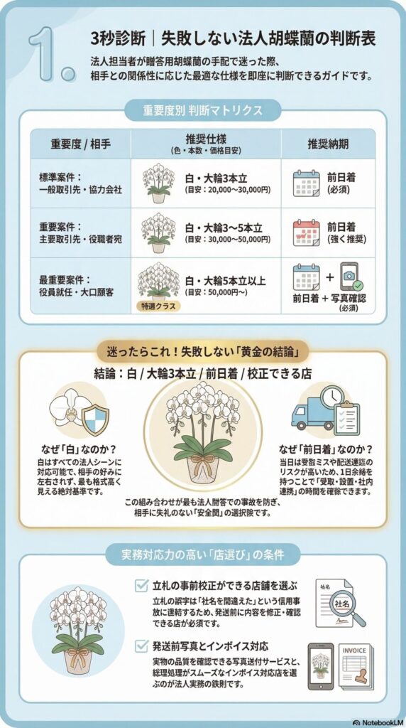 法人向け胡蝶蘭の選び方を3秒で判断できるガイド（関係性別の推奨仕様・納期マトリクスと「白の大輪3本立＋前日着」の黄金ルール、失敗を防ぐ店選びの条件）をまとめたインフォグラフィック