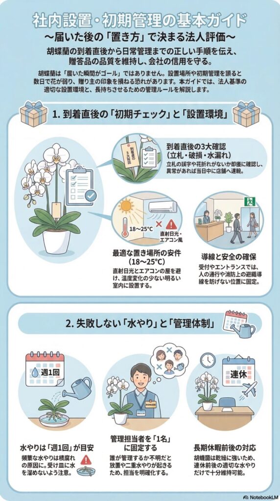 胡蝶蘭到着後の社内設置と初期管理ガイド（設置環境・初期チェック・水やり頻度・管理担当の明確化など、法人評価を高める運用ルールを解説したインフォグラフィック）