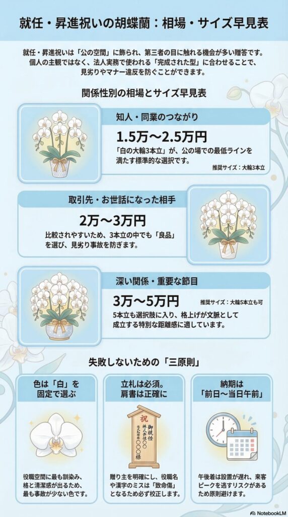 就任・昇進祝いの胡蝶蘭の相場とサイズ早見表（関係性別の予算目安：知人1.5万〜2.5万円、取引先2万〜3万円、重要関係3万〜5万円、白の大輪3本立・5本立の選び方と贈答マナー解説インフォグラフィック）