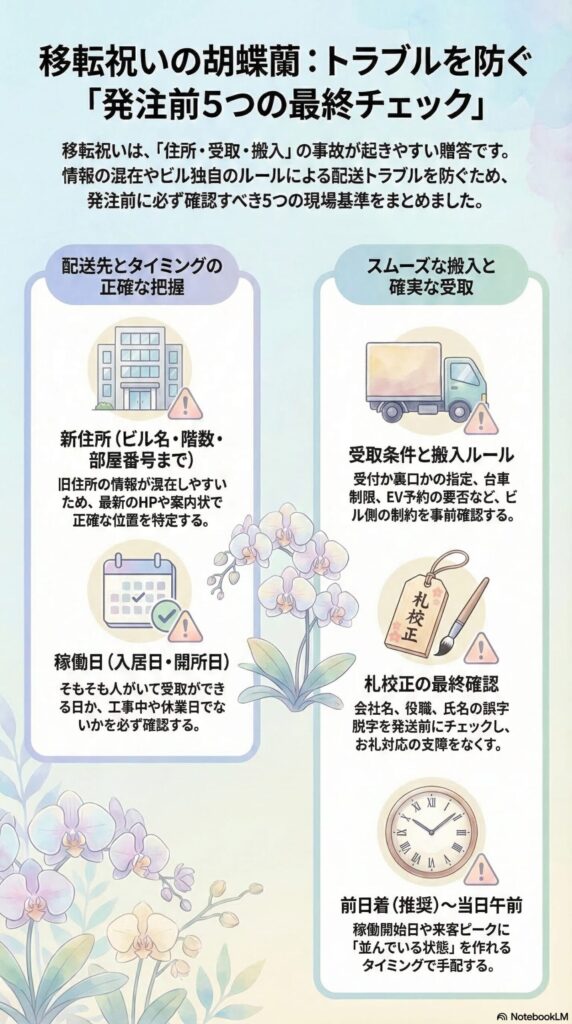 移転祝いの胡蝶蘭で配送トラブルを防ぐ発注前チェックリスト(新住所・稼働日確認、搬入ルール、立札校正、前日〜当日午前納品など5つの確認ポイントを解説したビジネス贈答インフォグラフィック)