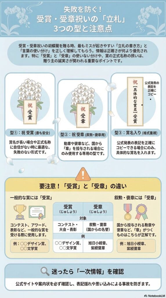 受賞・受章祝いの胡蝶蘭の立札マナーを解説したインフォグラフィック(祝受賞・祝受章・賞名入りの3つの型、受賞と受章の違い、一次情報確認の重要性を解説)