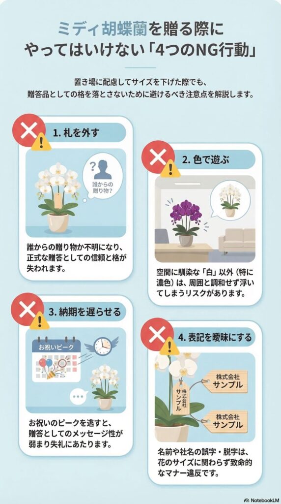 ミディ胡蝶蘭を贈る際に避けるべきNG行動(立札を外す・色で遊ぶ・納期を遅らせる・会社名などの表記を曖昧にする)を解説したビジネス贈答マナーインフォグラフィック