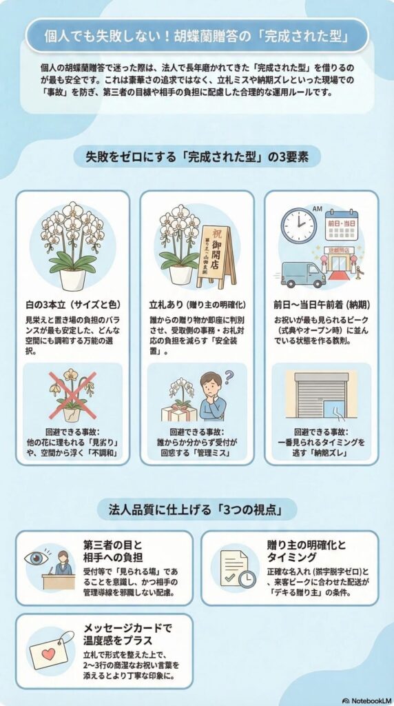 個人でも失敗しない胡蝶蘭贈答の基本ガイド（白の3本立・立札あり・前日〜当日午前着の「完成された型」と、法人品質の3つの視点を解説したインフォグラフィック）
