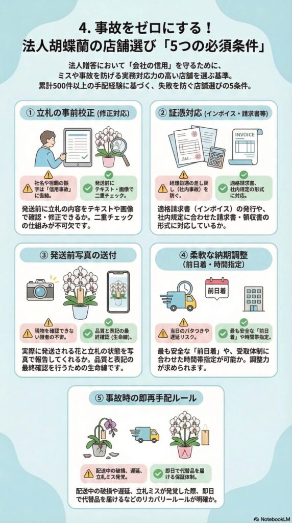 法人胡蝶蘭の店舗選びで失敗を防ぐ5つの必須条件（立札の事前校正・証憑対応・発送前写真・前日着対応・事故時の即再手配）を整理した実務チェックインフォグラフィック