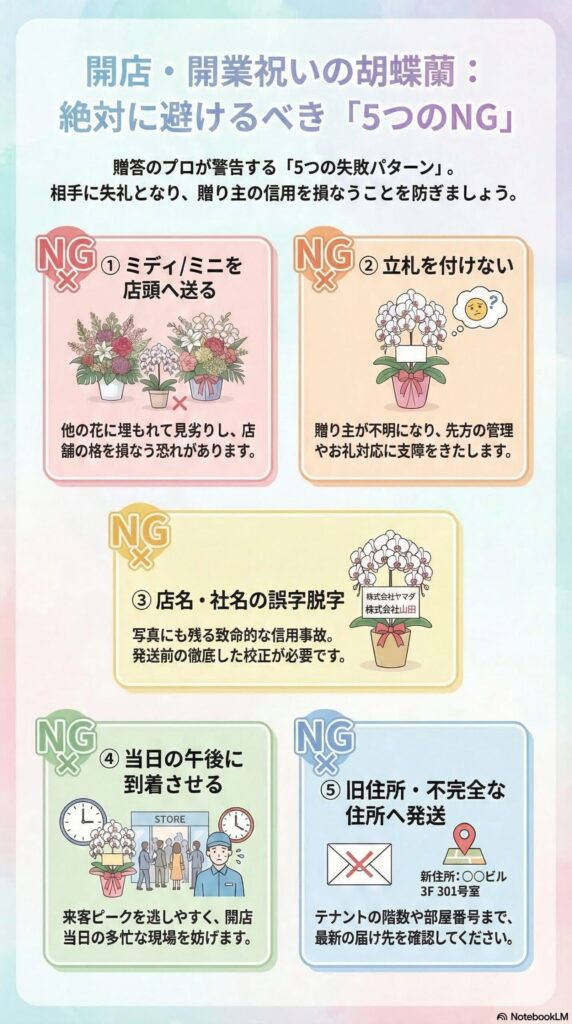 開店・開業祝いの胡蝶蘭で絶対に避けるべき5つのNG（ミディ送付・立札なし・社名誤字・当日午後到着・旧住所発送）を解説したインフォグラフィック