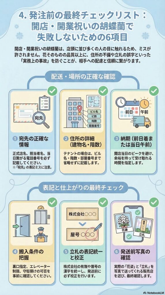 開店・開業祝いの胡蝶蘭で失敗しないための発注前チェックリスト6項目（宛先情報・住所詳細・納期・搬入条件・立札校正・発送前写真確認）をまとめたインフォグラフィック