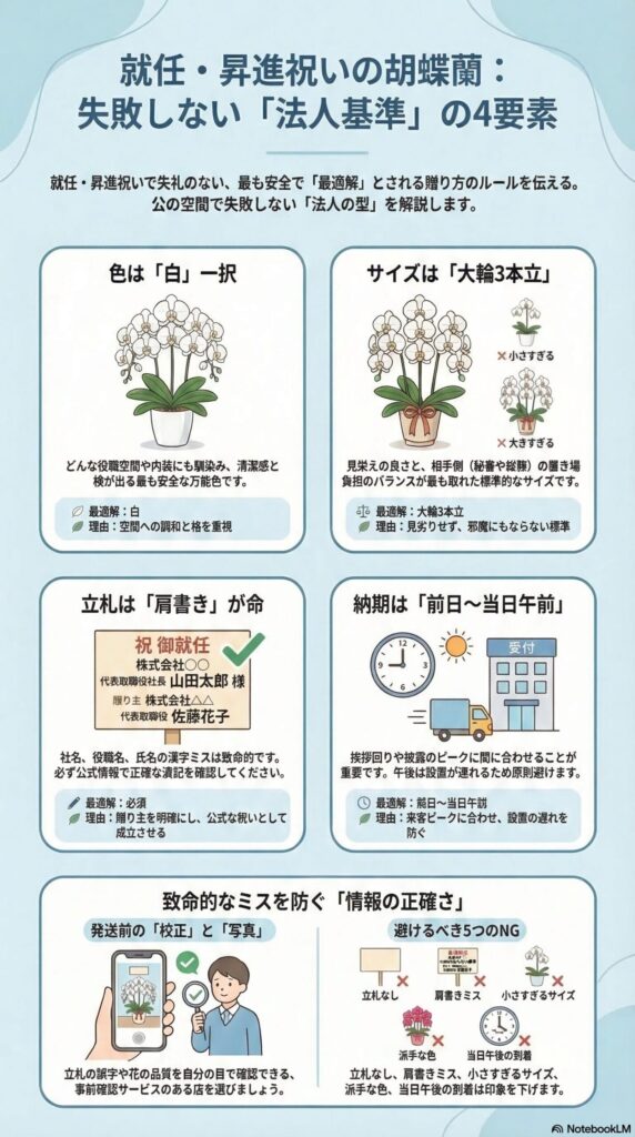 就任・昇進祝いの胡蝶蘭で失敗しない法人基準の4要素（白の大輪3本立・立札肩書きの正確な表記・前日〜当日午前の納品・発送前校正確認）を解説したビジネス贈答マナーインフォグラフィック