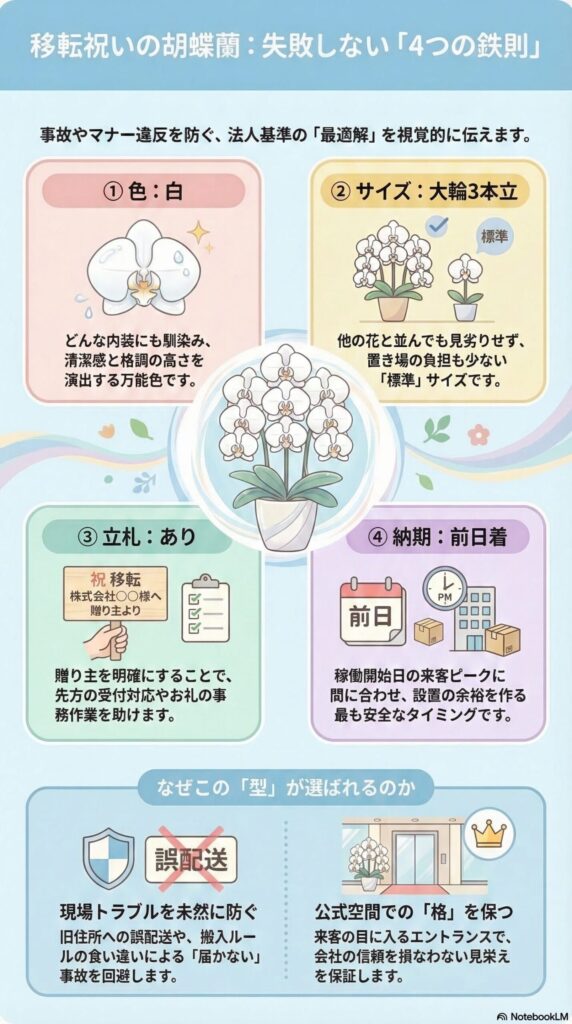 移転祝いの胡蝶蘭で失敗しない法人基準の4つの鉄則(色は白・大輪3本立・立札あり・納期は前日着)を解説したビジネス贈答マナーインフォグラフィック