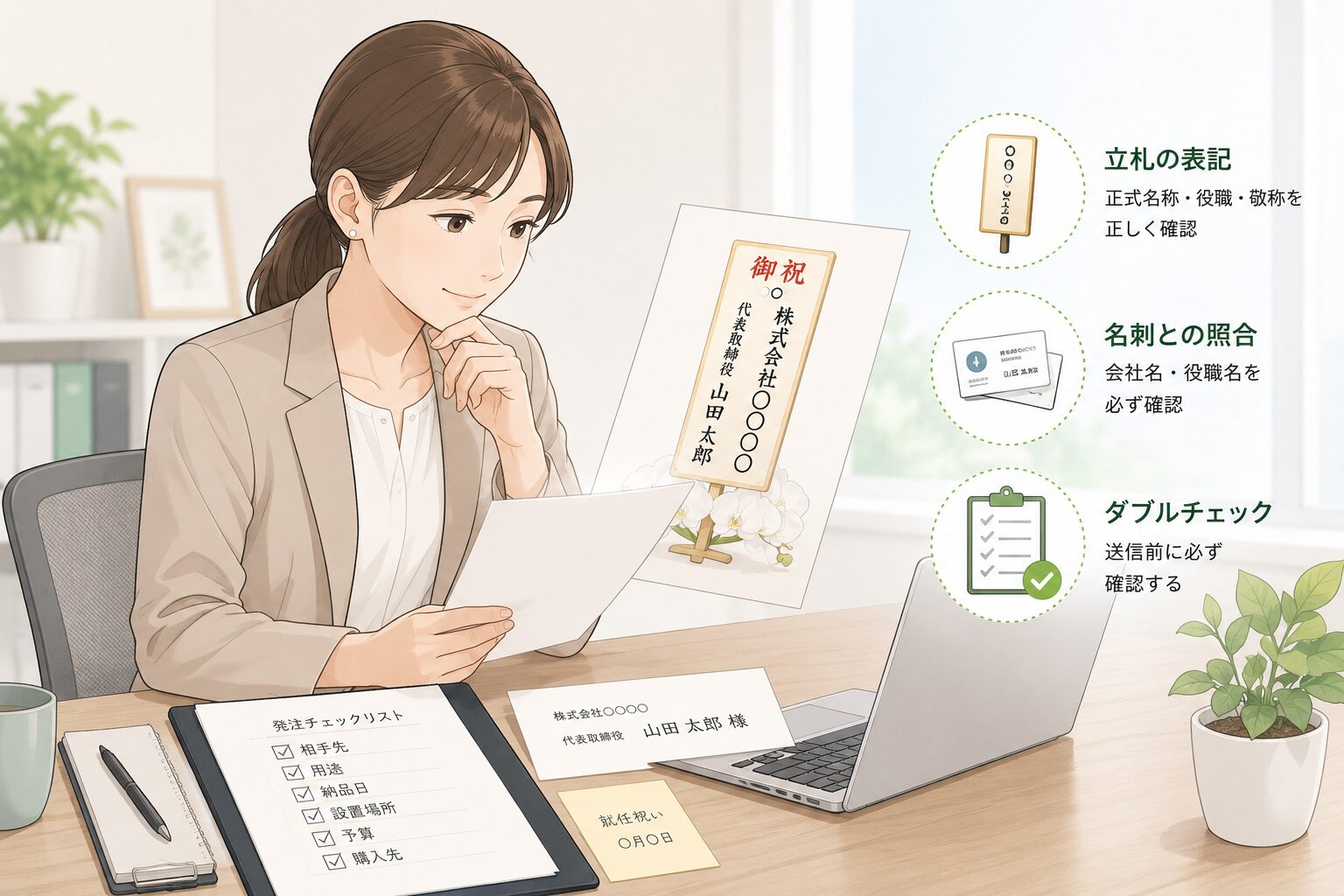 法人贈答の立札確認を行う担当者のイラスト