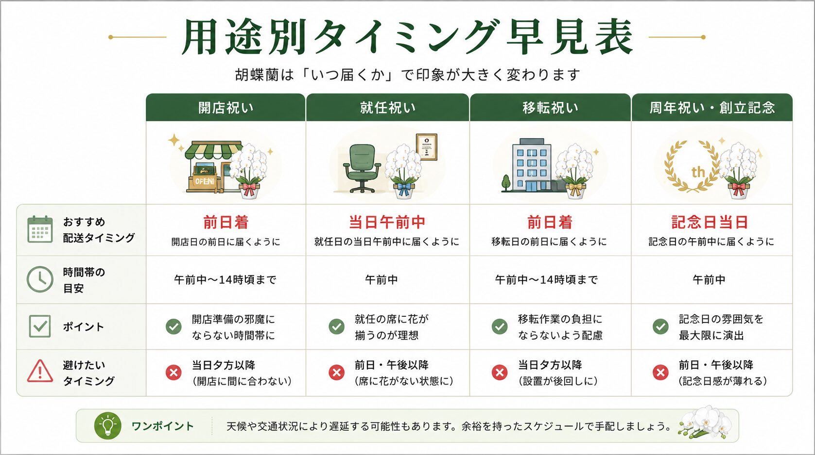 開店祝いや就任祝いの配送タイミング比較図
