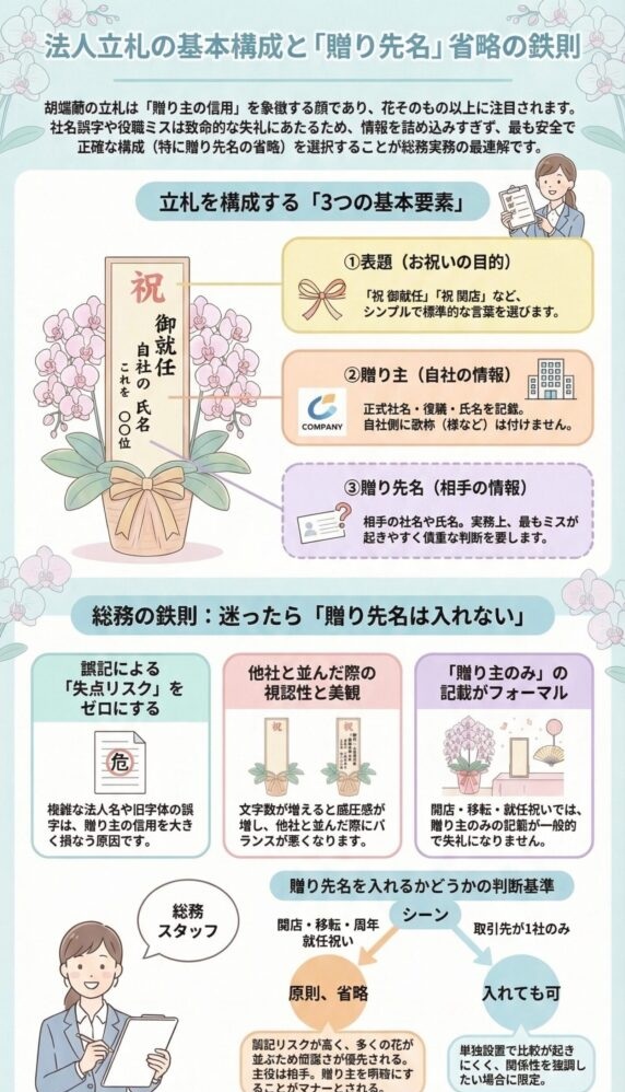 胡蝶蘭の法人立札の基本構成|表題・贈り主・贈り先の3要素と、誤記リスクを防ぐため「迷ったら贈り先名は省略する」という総務実務の判断基準を解説したビジネス贈答マナーガイド