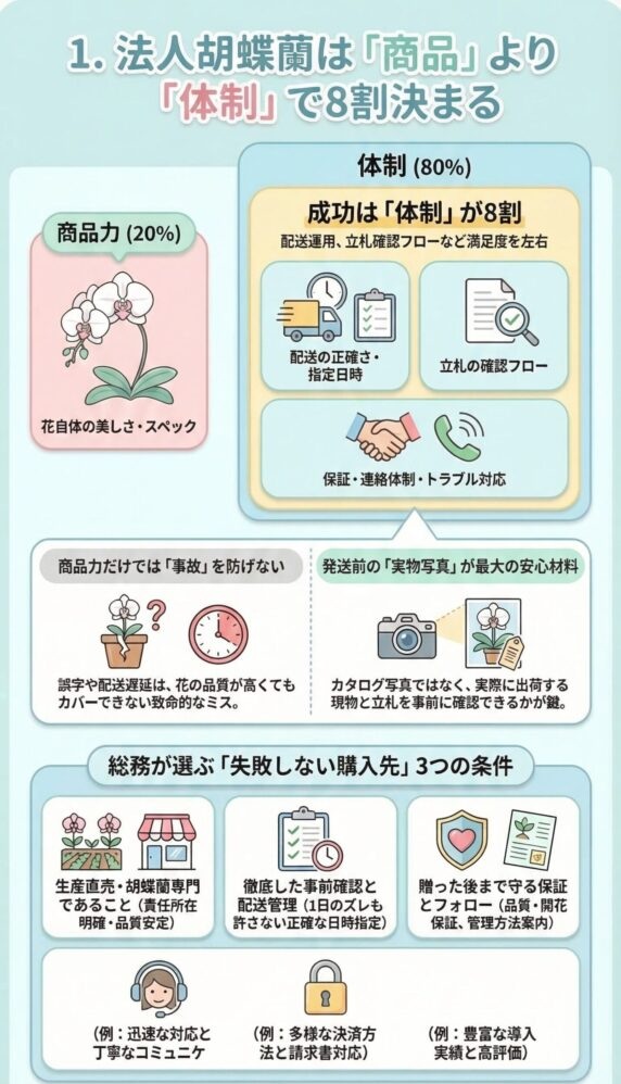 法人胡蝶蘭は商品より体制が重要で成功の8割を左右することを解説(配送管理・立札確認・保証体制など法人贈答で失敗しない購入先の条件をまとめたインフォグラフィック)