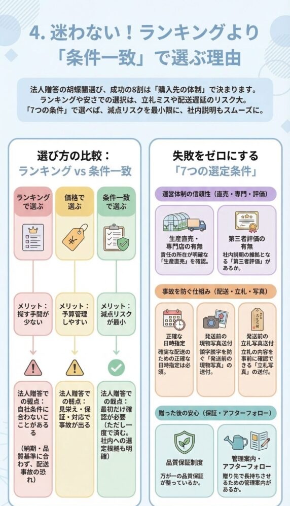法人胡蝶蘭の購入先はランキングより条件一致で選ぶべき理由(生産直売・第三者評価・配送管理・発送前写真確認・品質保証など7つの選定条件)を解説したインフォグラフィック