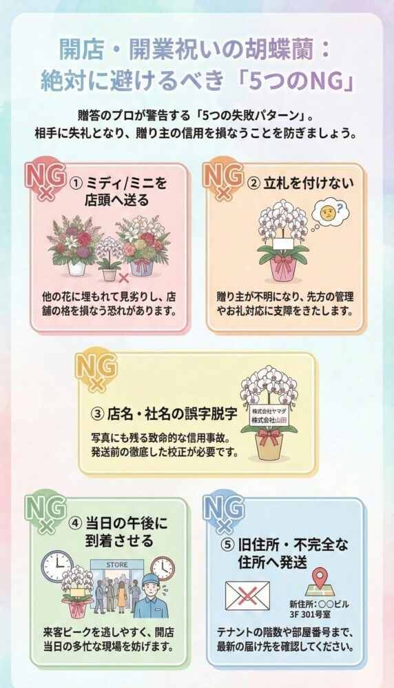 開店・開業祝いの胡蝶蘭で絶対に避けるべき5つのNG(ミディ送付・立札なし・社名誤字・当日午後到着・旧住所発送)を解説したインフォグラフィック