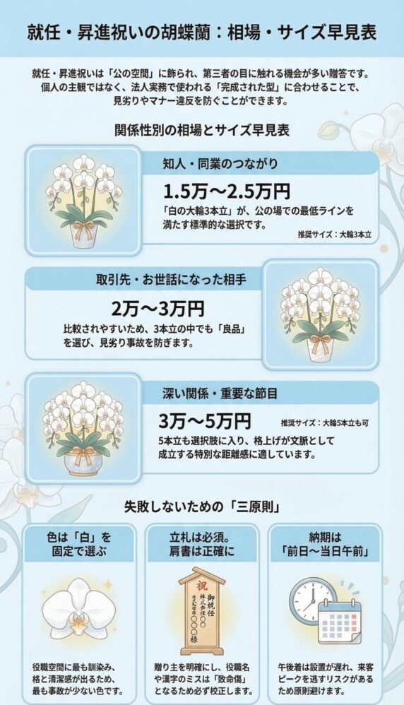 就任・昇進祝いの胡蝶蘭の相場とサイズ早見表(関係性別の予算目安:知人1.5万〜2.5万円、取引先2万〜3万円、重要関係3万〜5万円、白の大輪3本立・5本立の選び方と贈答マナー解説インフォグラフィック)