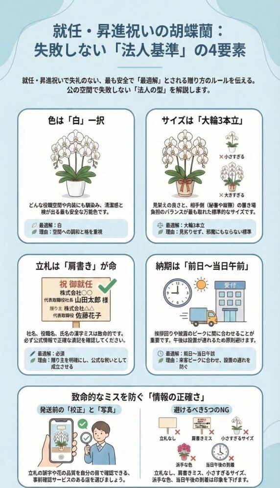 就任・昇進祝いの胡蝶蘭で失敗しない法人基準の4要素(白の大輪3本立・立札肩書きの正確な表記・前日〜当日午前の納品・発送前校正確認)を解説したビジネス贈答マナーインフォグラフィック