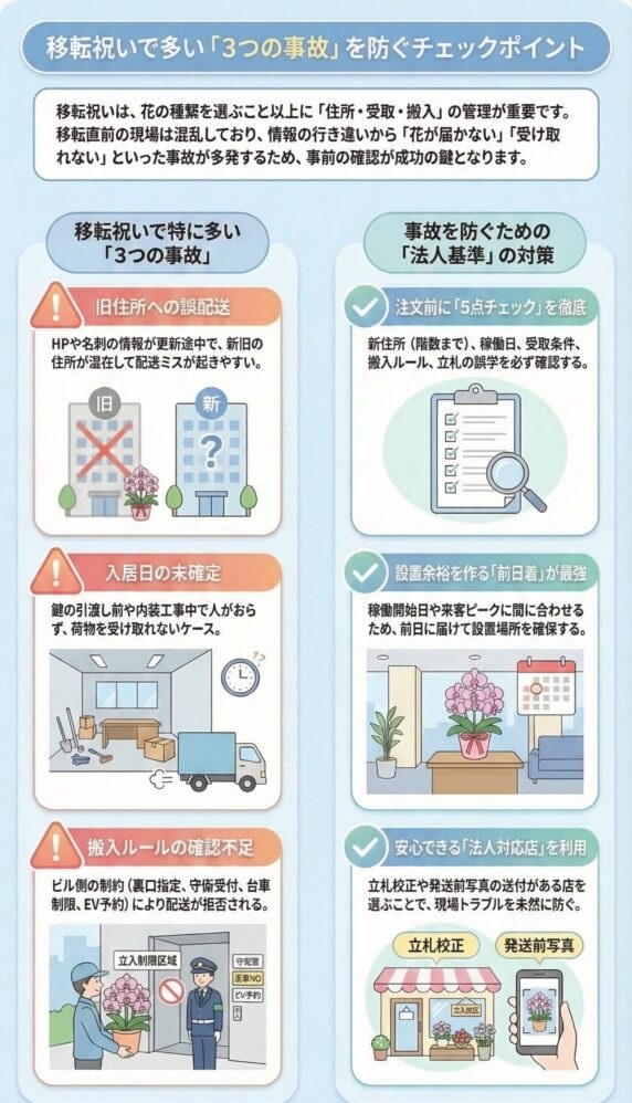 移転祝いの胡蝶蘭で起きやすい3つの配送トラブル(旧住所への誤配送・入居日未確定・搬入ルール未確認)と防止策(注文前チェック・前日着・法人対応店の利用)を解説したビジネス贈答インフォグラフィック
