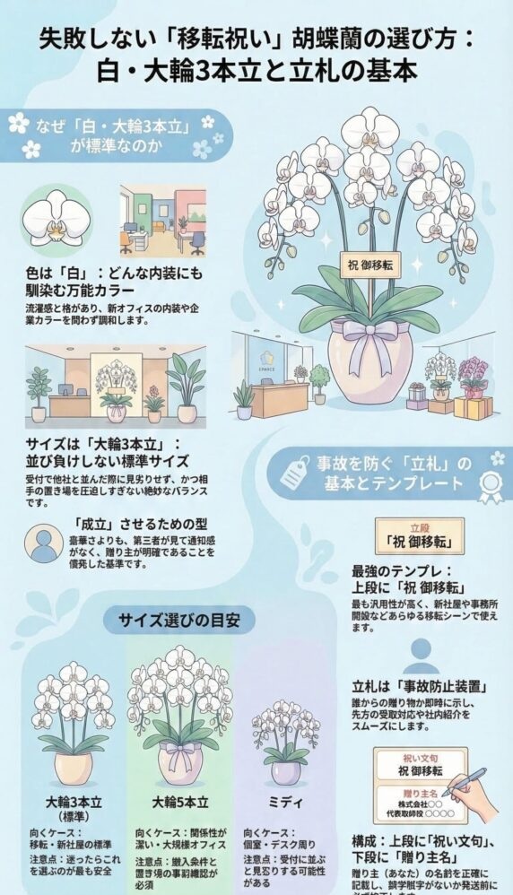 移転祝いの胡蝶蘭の選び方ガイド(白の大輪3本立が標準、立札「祝御移転」の書き方、サイズ目安〈3本立・5本立・ミディ〉とビジネス贈答マナーを解説したインフォグラフィック)