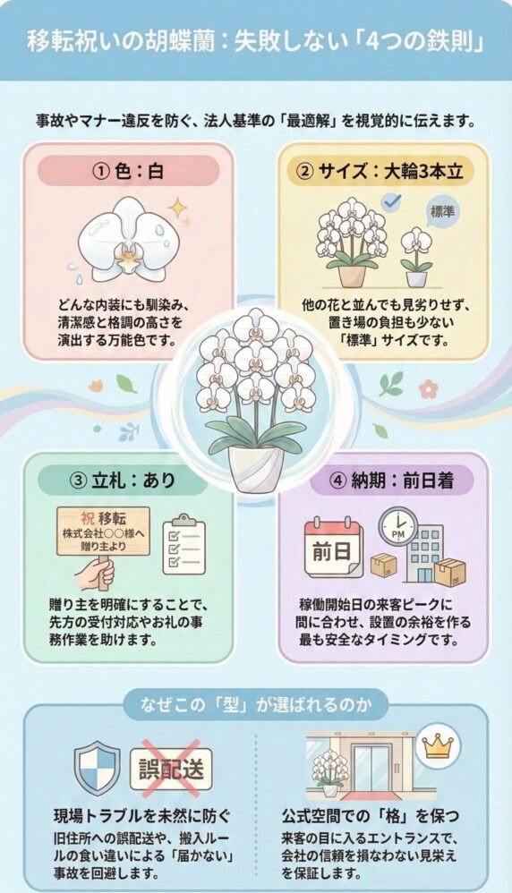 移転祝いの胡蝶蘭で失敗しない法人基準の4つの鉄則(色は白・大輪3本立・立札あり・納期は前日着)を解説したビジネス贈答マナーインフォグラフィック