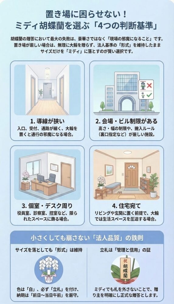 置き場に困らせないミディ胡蝶蘭の選び方ガイド(導線が狭い・会場制限・個室やデスク周り・住宅など4つの判断基準と、サイズを落としても白・立札・前日〜当日午前着の法人形式を守るポイント)を解説したビジネス贈答インフォグラフィック