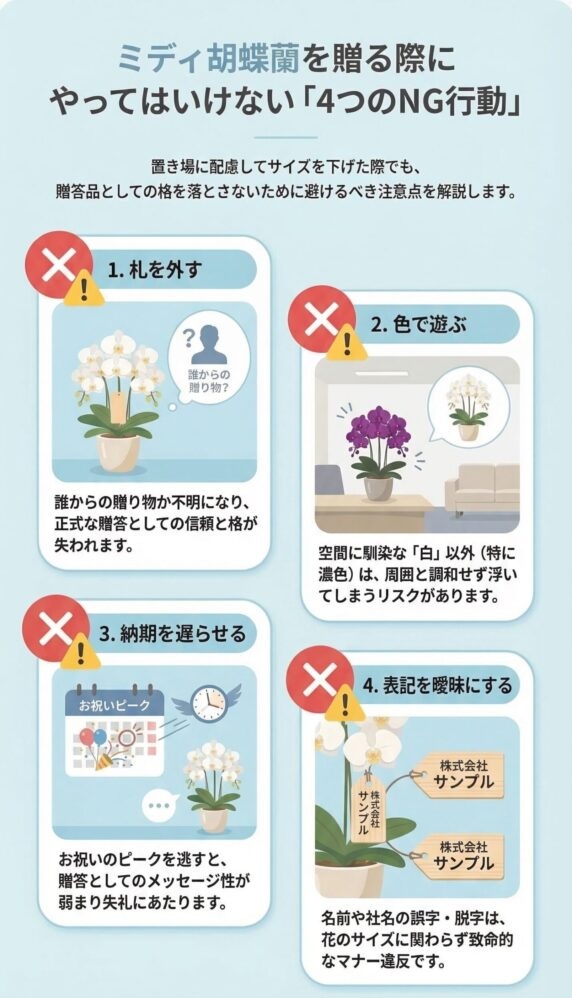 ミディ胡蝶蘭を贈る際に避けるべきNG行動(立札を外す・色で遊ぶ・納期を遅らせる・会社名などの表記を曖昧にする)を解説したビジネス贈答マナーインフォグラフィック