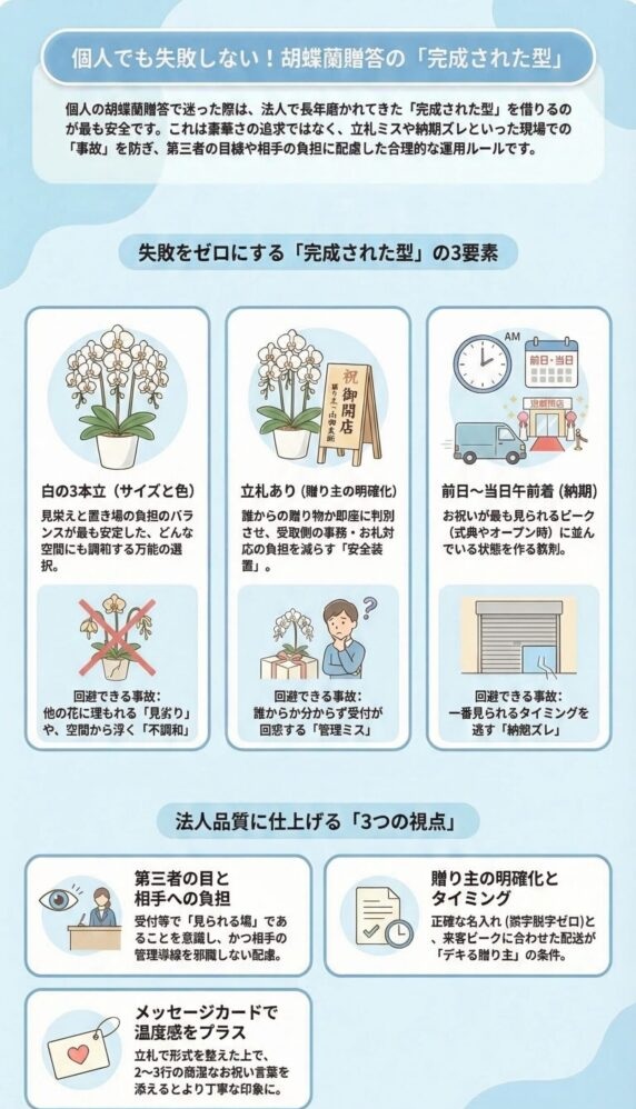 個人でも失敗しない胡蝶蘭贈答の基本ガイド(白の3本立・立札あり・前日〜当日午前着の「完成された型」と、法人品質の3つの視点を解説したインフォグラフィック)