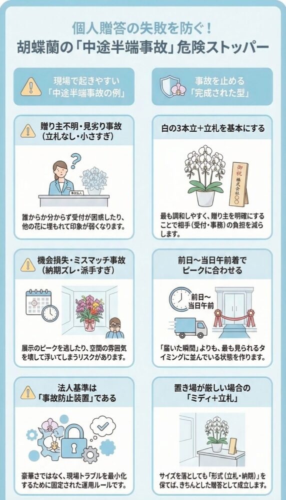 個人の胡蝶蘭贈答で起きやすい中途半端事故(贈り主不明・見劣り・納期ズレ・派手すぎ)を防ぐ方法と、白の3本立+立札・前日〜当日午前着・置き場が狭い場合はミディ+立札の法人基準を解説したインフォグラフィック
