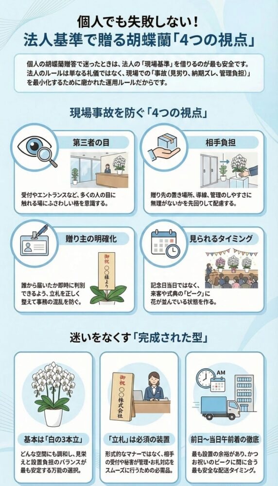 個人でも失敗しない胡蝶蘭贈答の法人基準ガイド(第三者の目・相手負担・贈り主明確化・見られるタイミングの4視点と、白の3本立・立札必須・前日〜当日午前着の基本ルール)を解説したインフォグラフィック