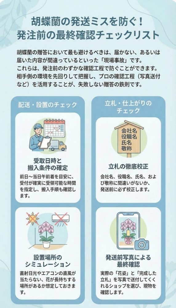胡蝶蘭の配送ミスを防ぐ発注前チェックリスト(受取日時と搬入条件の確認、設置場所のシミュレーション、立札の徹底校正、発送前写真による最終確認)を解説したビジネス贈答インフォグラフィック