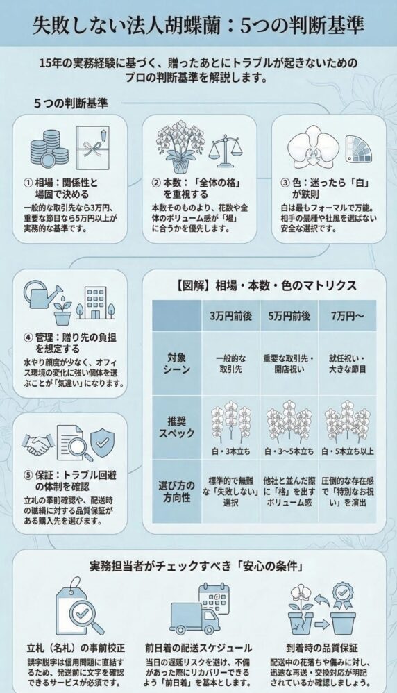 法人胡蝶蘭で失敗しないための5つの判断基準ガイド(相場・本数・色・管理・保証と、価格帯別の最適スペックマトリクス、実務チェック条件を整理したインフォグラフィック)