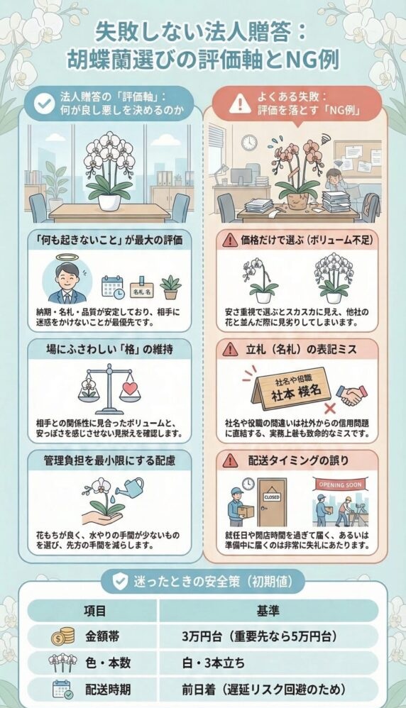 法人胡蝶蘭で失敗しないための評価軸とNG例を解説(価格重視・立札ミス・納期遅れなどの失敗パターンと、白3本立・前日着などの安全基準)をまとめたインフォグラフィック