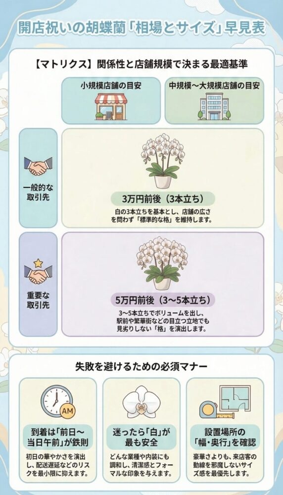 開店祝い胡蝶蘭の相場とサイズの早見表(取引先の関係性と店舗規模に応じた3万円・5万円の目安と、本数バランス・前日着・白が安全な選び方を解説したインフォグラフィック)