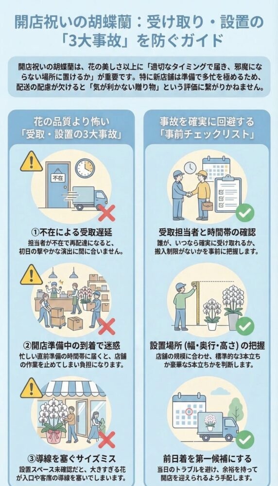 開店祝い胡蝶蘭の受け取り・設置で起きやすい「3大事故」(不在・準備中の到着・導線を塞ぐサイズミス)と、それを防ぐための事前チェック(担当者・設置スペース・前日着)をまとめた実務ガイドインフォグラフィック