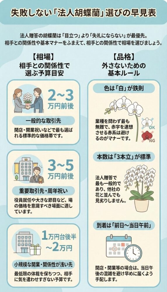 法人胡蝶蘭選びで失敗しないための早見ガイド。
相手との関係性別に「2〜3万円(一般)」「3〜5万円(重要先)」「1.5〜2万円(小規模)」の予算目安を示し、基本ルールとして「色は白」「3本立ちが標準」「到着は前日〜当日午前」を押さえることで、失礼のない安全な贈答を実現するための実務ポイントを整理したインフォグラフィック。