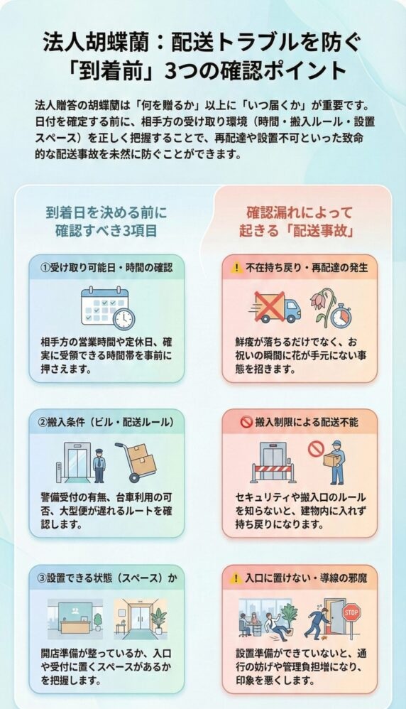 法人胡蝶蘭の配送トラブルを防ぐために、到着日を決める前に確認すべき「3つの重要ポイント」(受け取り可能日時・搬入条件・設置スペース)を整理したインフォグラフィック。事前確認を怠ると、不在による再配達、搬入制限による持ち帰り、導線を塞ぐ設置ミスなどの重大事故につながるため、相手先の受け取り環境を正確に把握する重要性を解説している。