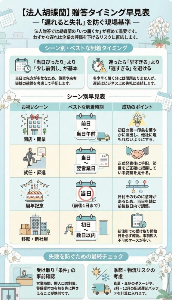 法人胡蝶蘭の贈答タイミング早見表(到着日の最適基準)