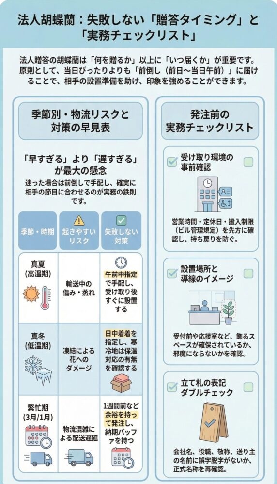 法人胡蝶蘭の贈答タイミングと発注前チェックリスト