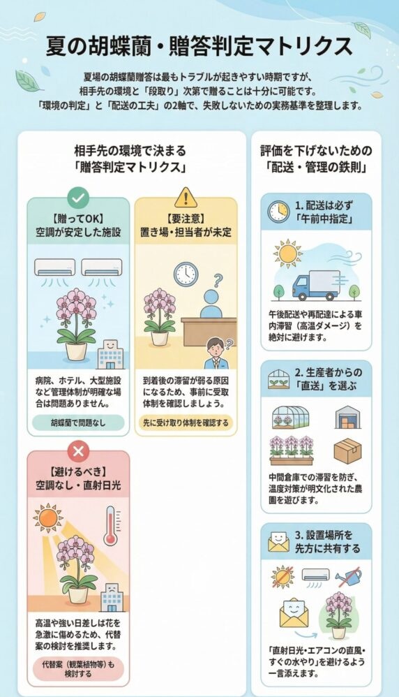 夏の胡蝶蘭贈答判断マトリクスと配送対策