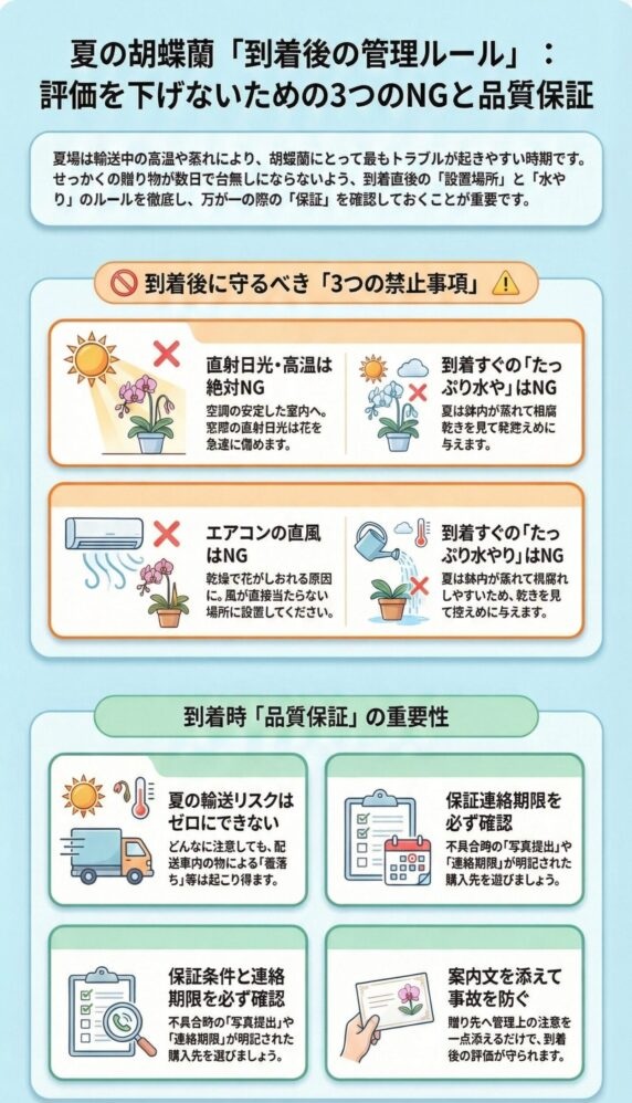 夏の胡蝶蘭 到着後の管理ルールとNG対策