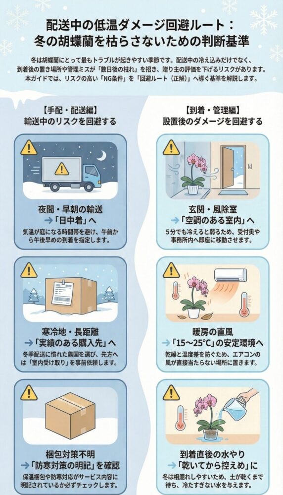 冬の胡蝶蘭の配送中低温ダメージ回避ルートを解説したインフォグラフィック、日中着指定・実績ある購入先・防寒梱包確認と、到着後は玄関放置を避け15〜25℃管理・暖房直風回避・水やり控えめの判断基準を図解