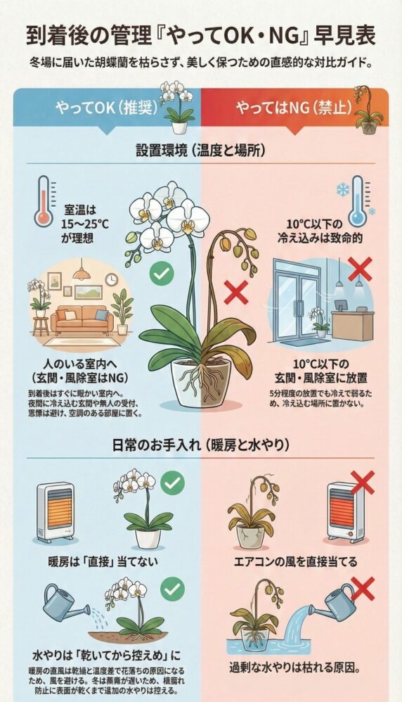 冬の胡蝶蘭の到着後管理「やってOK・NG」早見表インフォグラフィック、適温15〜25℃の室内設置や直風回避・乾いてからの水やりを推奨し、10℃以下の冷え込み・玄関放置・暖房直風・過剰な水やりのNG例を対比で解説した図