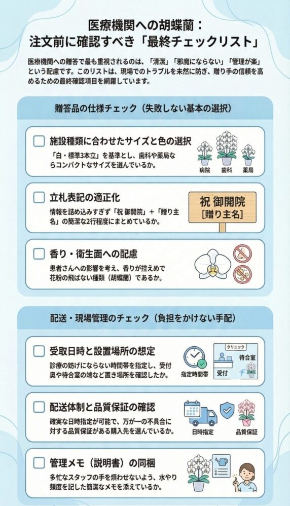 医療機関向け胡蝶蘭の注文前最終チェックリストのインフォグラフィック、サイズ・色選定や立札表記、香り配慮、受取日時と設置場所、配送体制・品質保証、管理メモ同梱など確認項目を解説した図