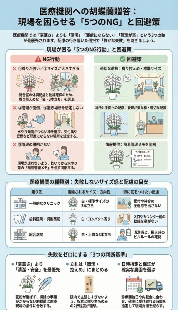 医療機関向け胡蝶蘭贈答で現場を困らせる5つのNG行動と回避策を解説したインフォグラフィック、強い香りや大きすぎるサイズ・管理負担・置き場所未想定・説明不足を避け、適切サイズ選定や配置配慮・簡易管理メモ同梱・日時指定と保証の重要性を図解した内容