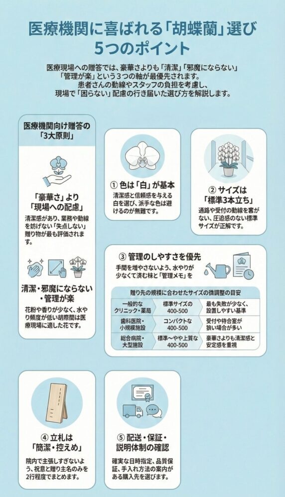 医療機関に喜ばれる胡蝶蘭の選び方5つのポイントを解説したインフォグラフィック、白色・標準3本立ち・管理しやすさ・簡潔な立札・配送保証体制を重視し、清潔・邪魔にならない・管理が楽な贈答基準を図解した内容