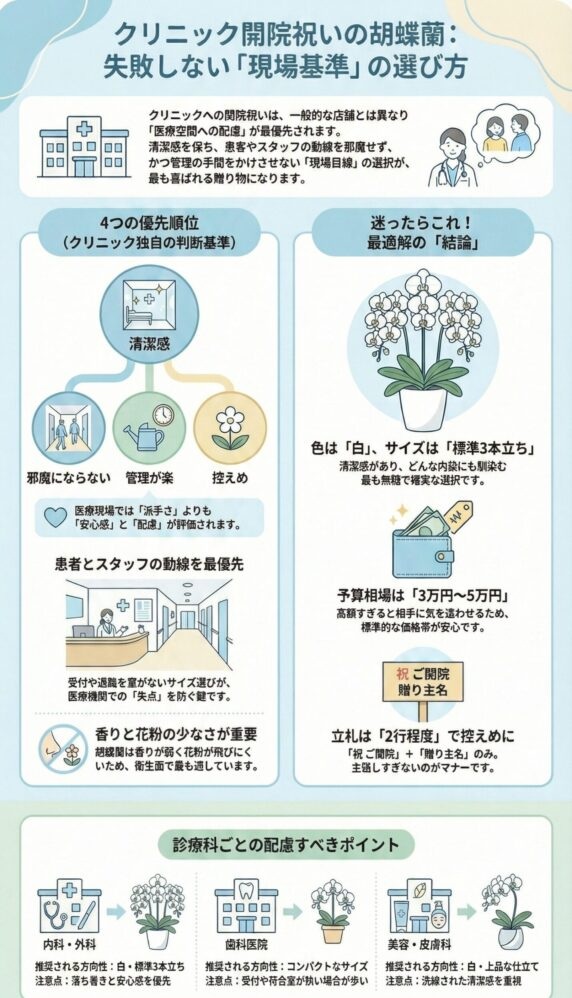 クリニック開院祝いの胡蝶蘭選びにおける現場基準を解説したインフォグラフィック、清潔感・邪魔にならない配置・管理のしやすさ・控えめな仕様を優先し、白色・標準3本立ち・予算3万〜5万円・簡潔な立札など最適解と診療科別の配慮ポイントを図解した内容