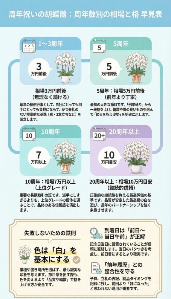 周年祝いの胡蝶蘭における周年数別の相場と格を解説したインフォグラフィック、1〜3周年は3万円前後、5周年は5万円前後、10周年は7万円以上、20周年以上は10万円目安とし、白色を基本に前日〜当日午前着や前年履歴の整合性を重視する判断基準を図解した内容